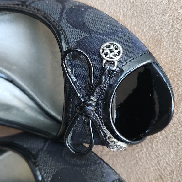 Coach! Black Poala open Calf peep toe wedge monogram logo size 6.5 - Picture 10 of 14